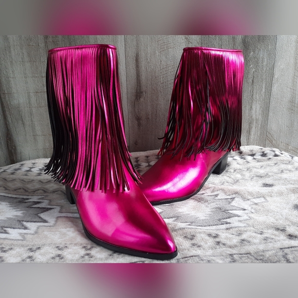 NIB 💖Chase and Chloe Metallic Sz 7.5 Malena Fringe Boots Pink Barbiecore - Picture 7 of 8